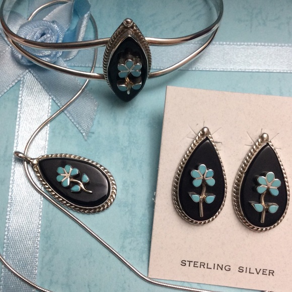 Vintage Jewelry - Turquoise/Onyx TREE OF LIFE set